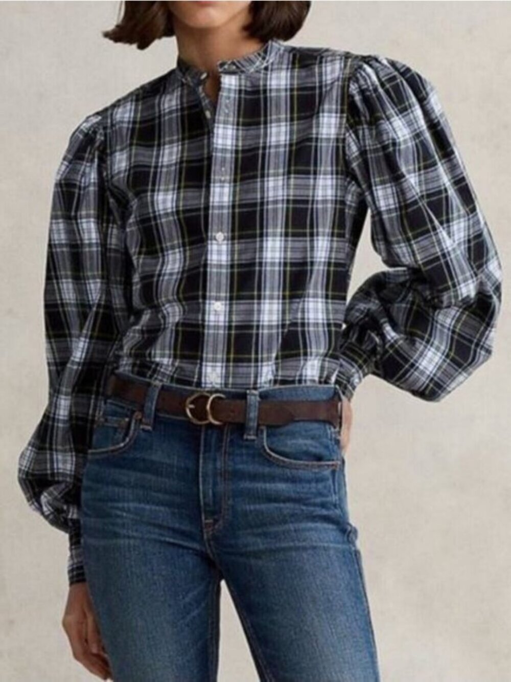 RALPH LAUREN Puff Sleeve Button Down Plaid Blouse Shirt Women's Size 6